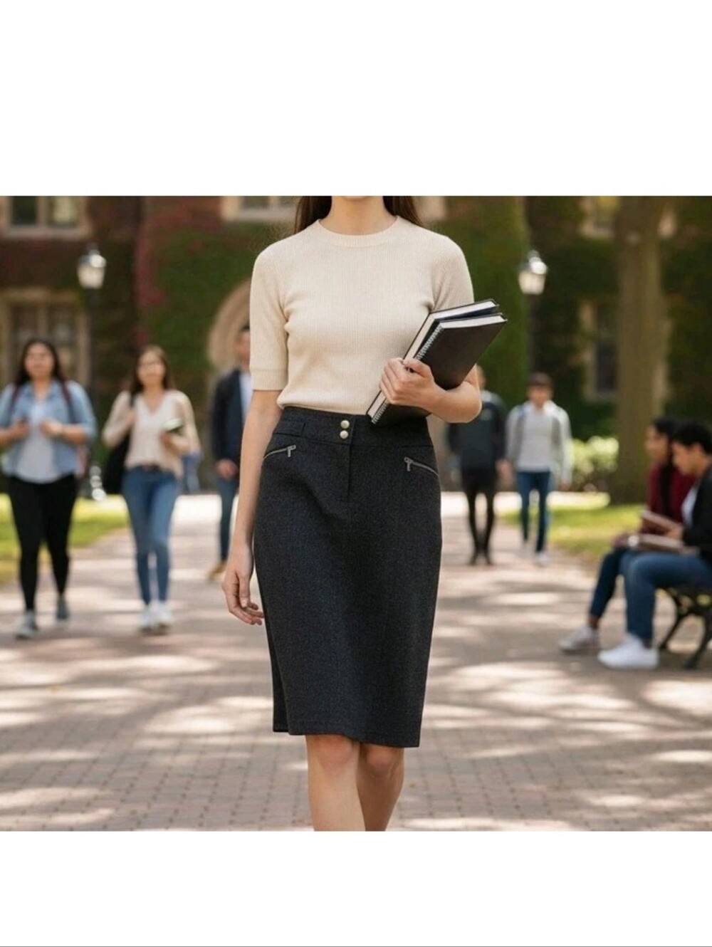Vintage Express Wool Blend Classic High-Waist Dark Gray Pencil Skirt